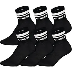 HUDDLE Unisex Socken, 6er Pack - Doppelstreifen, Logo, Short Crew, Sportsocken, einfarbig, Größe 39-42 in Schwarz Schwarz