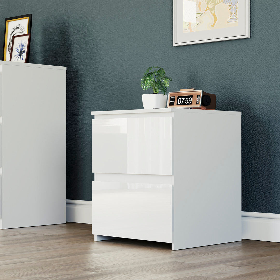 17 Stories Oslo 2 Drawer High Gloss Bedside Chest (FSC 100%) Bedroom Home Bedside Furniture White 50cm H X 40cm W X 35cm D