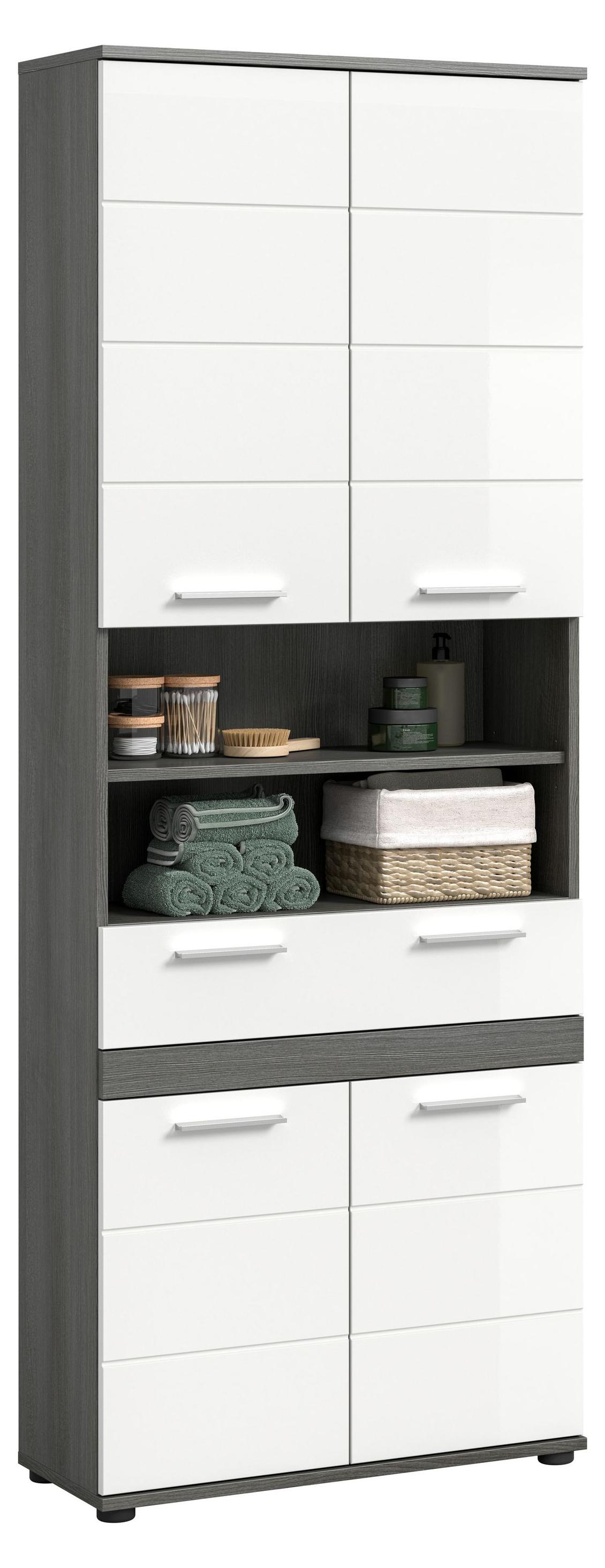 Aileenstore Hochschrank NORDIC, 70x191x31 cm, Weiß Hochglanz / Rauchsilber