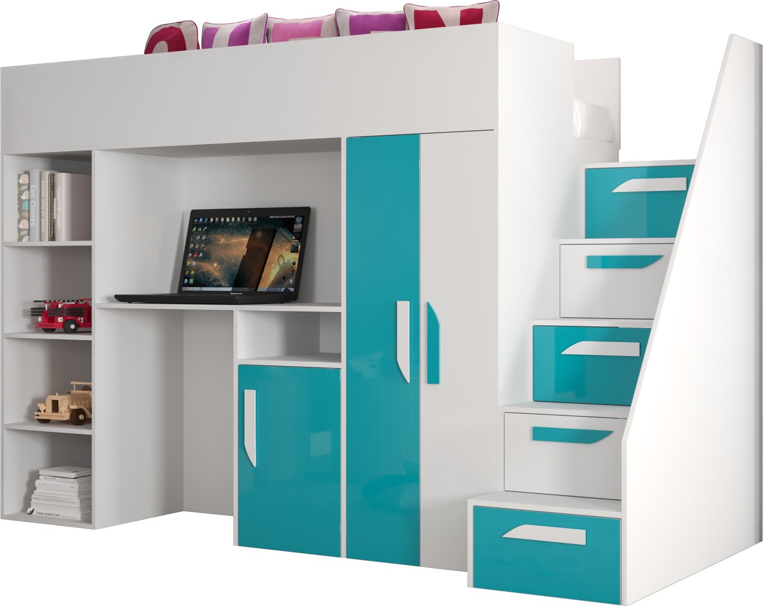 Etagenbett für Kinder Party 14 Stockbett mit Treppe und Bettkasten (Weiß + Türkis Glanz)