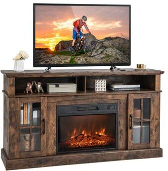 Costway Fireplace TV Stand for TVs Up to 65 Inch with Side Cabinets and Remote Control-Brown