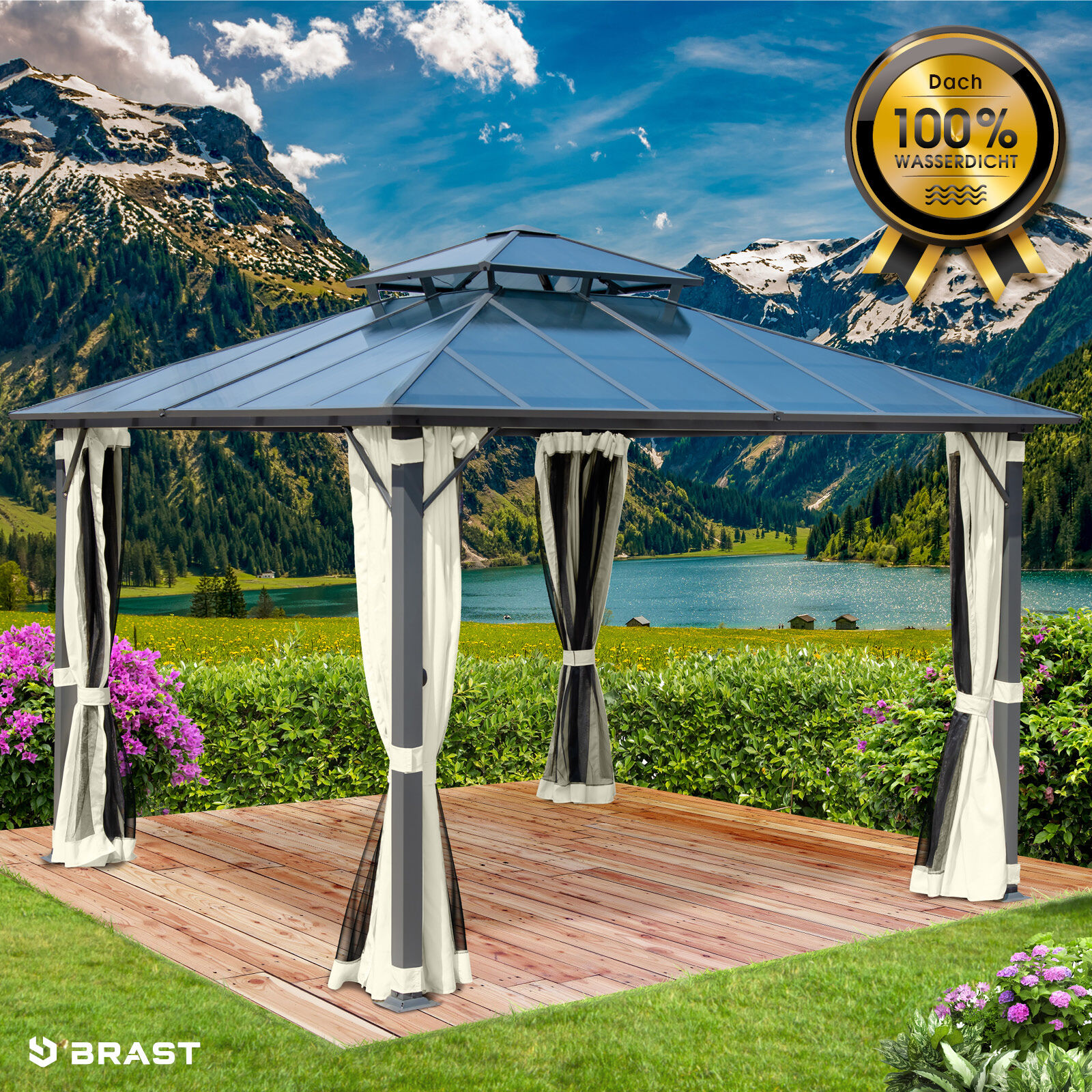 Brast Alu Pavillon PAGODE 3,5x3,5m beige mit Moskitonetz