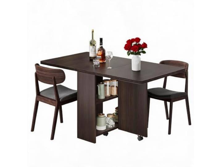 IDEALHOUSE Klappbarer Esstisch Auf Rollen, Platzsparend Mit Ablageregal 2‑stufiges Ablageregal, 6 feststellbare Rollen, Drop‑Leaf‑Design, ideal für Apartments und kleine Wohnbereiche.