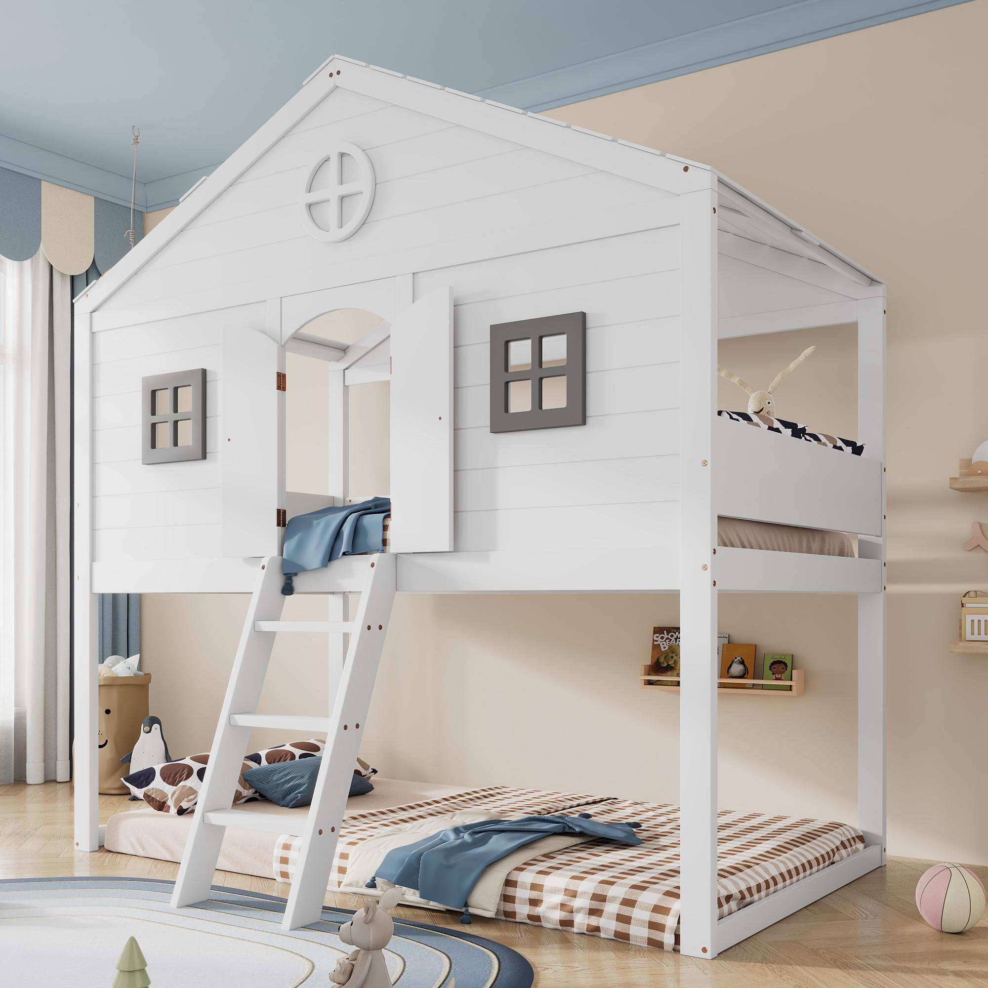 Merax Etagenbett Hausbett 90x200 cm mit Treppe und Sicherheitsgitter, Kinderbett mit Graue Fenster und Stauraum, EN 747 , Weiß + Grau