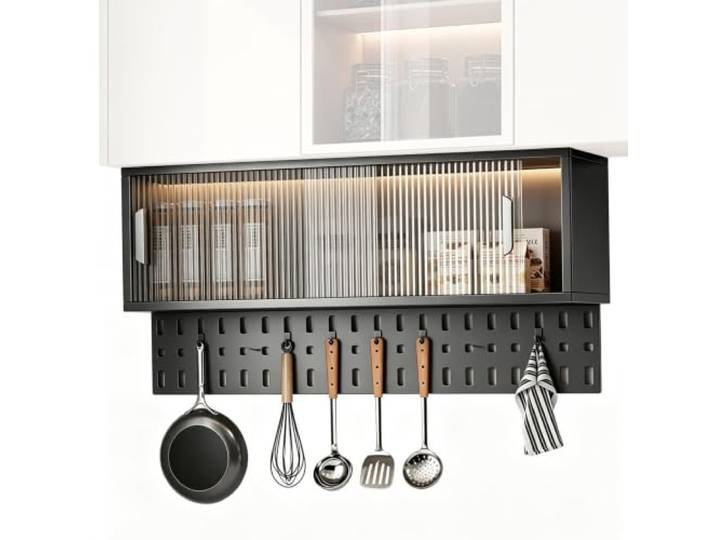 Hängeschrank Küche, Schiebetüren, Lochwand-Element, Küchenschrank Hängend Wandschrank Hängend, Aluminium-Wabenstruktur, PUR-Kantenversiegelung, Acryltür, inkl. 6 Haken(Gray,90cm/35in)