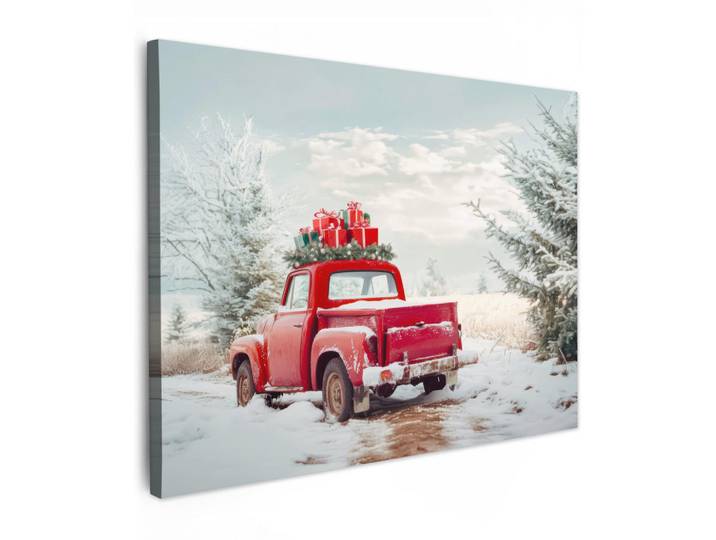 MuchoWow Leinwandbild - Auto - Rot - Geschenke - Winter - Schnee - Weihnachten - 80x60 - Malerei, Textil, Kiefer, Abstrakt, Rechteckig, 80x60 cm, gerahmt, Bilder & Rahmen, Bilder, Wandbilder