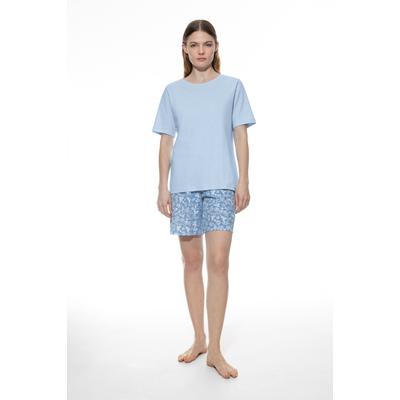 Shorty MEY "FLOWER MEADOW", Damen, Gr. 48, blau (blau silk), Interlock, Obermaterial: 100% Baumwolle, bequem kurz, Rundhals, gerader Abschluss, Homewear-Sets Shorty, Rundhalsausschnitt, kurzärmlig, Oberteil uni, Hose gemustert