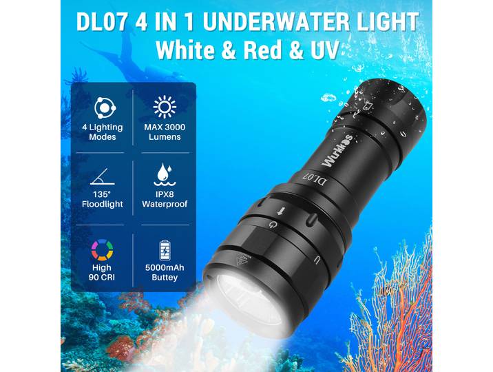 Wurkkos DL07 lampe de poche de plongée sous-marine 26650 lampe à LED multicolore lumière rouge blanche 3000LM EDC lanterne sous-marine IPX8 interrupteur rotatif