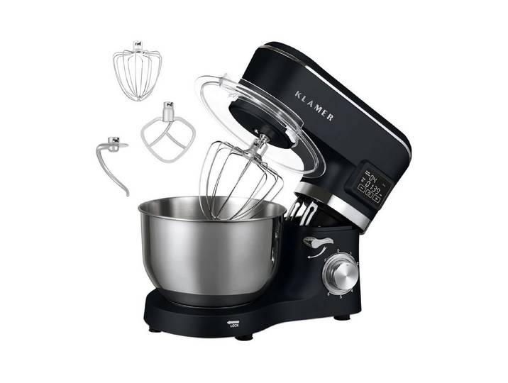KLAMER Küchenmaschine 1400W, Knetmaschine mit 5,5 Liter Edelstahl Schüssel, 6 Geschwindigkeitsstufen mit Timer, Rührbesen, Knethaken, Schneebesen und Spritzschutz, schwarz, 1400 W, 5,5 l Schüssel, Spritzschutz, 3 Aufsätze, Saugfüße, digitales Display, Timer