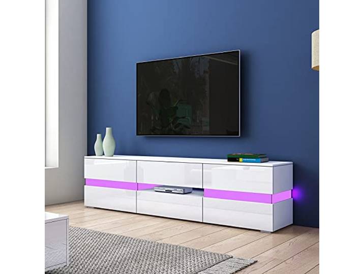 TV Tisch für Wohnzimmer, Fernsehschrank Weiß Matt Körper Hochglanz Front TV-Ständer-Einheit, 2 Türen, 1 Schublade, TV Schrank, 177cm, LED Beleuchtung