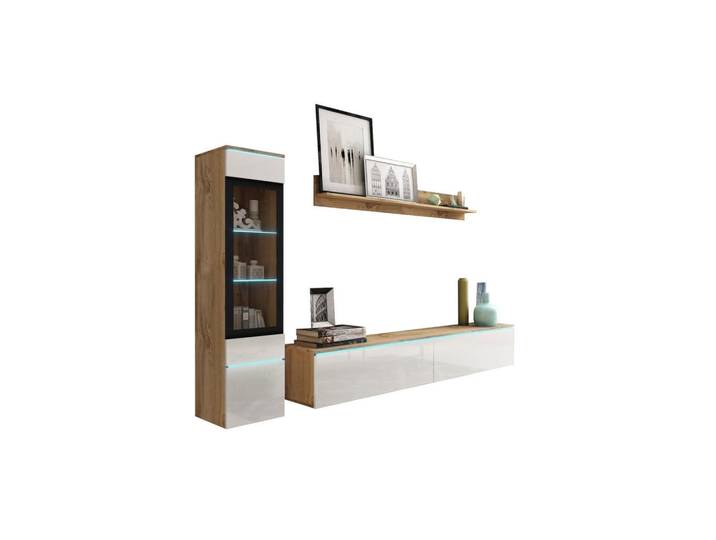 Feldmann-Wohnen Wohnwand Vera Eiche Wotan / weiß Hochglanz 3-teilig, Weiß, Eiche Wotan, Rechteckig, 210x130x33 cm, Wohnzimmer, Wohnwände