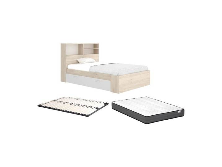 Lit 120 x 190 cm avec rangements - Coloris : Naturel et blanc + Sommier + Matelas - VARDIEL