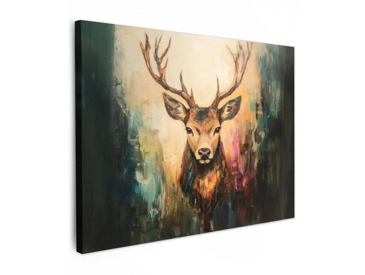 MuchoWow Leinwandbild - Hirsch - Gemalt - Geweih - Braun - 80x60 - Malerei, Haselnussfarben, Textil, Kiefer, Abstrakt, Rechteckig, 80x60 cm, gerahmt, Bilder & Rahmen, Bilder, Wandbilder
