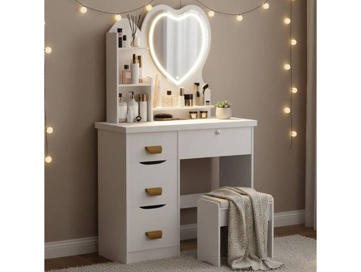 Coiffeuse avec Miroir Cœur LED - FIANAO - Tabouret Inclus - 3 Modes d'Éclairage - 4 Tiroirs + Étagère - 80x40x135cm - Blanc