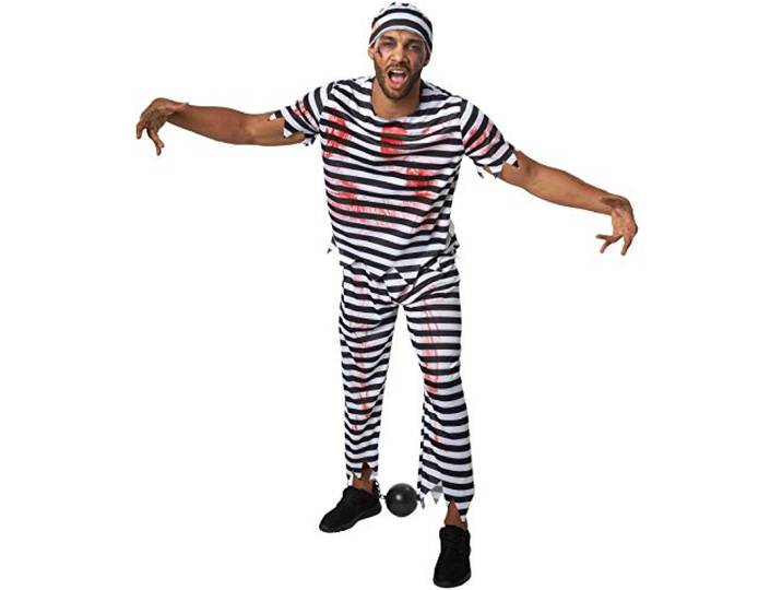 dressforfun 900444 - Heren kostuum Scary Jailbird, Gestreepte Outfit in Gevangenis Look incl. Hoed, XXL No. 302284, Zwart