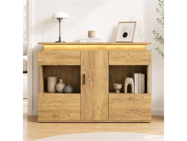 Buffet bas LED EVRYAE 120 cm avec prise EU USB et USB-C porte vitrée aspect chêne clair