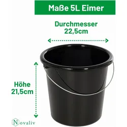 Novaliv 20 Stück Eimer 5L Schwarz mit Masseinteilung - Putzeimer 5 Liter ⌀ 22,5 cm Praktischer, Reinigungsutensil, Schwarz