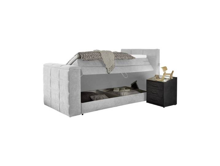 Trendstore Benni Boxspringbett mit Motor, TV-Halterung und Bettkasten - Microvelours Uran 01 silver - 120 x 200 - Bettkasten und TV-Halterung perfekte Mischung aus Design und Funktionen, bis 40 Zoll TV geeignet, schlafen wie im Hotel, zwei Größen, fünf Farben, Einzel- oder Doppelbett Modern