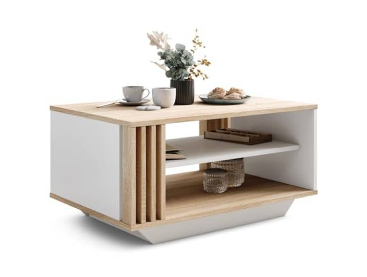 Viosimc Couchtisch, Wohnzimmertisch mit modernen Lamellen, moderner und stilvoller rechteckiger Kaffeetisch mit Ablage, stilvolle Ergänzung für jedes Wohnzimmer – Sonoma Eiche & Weiß