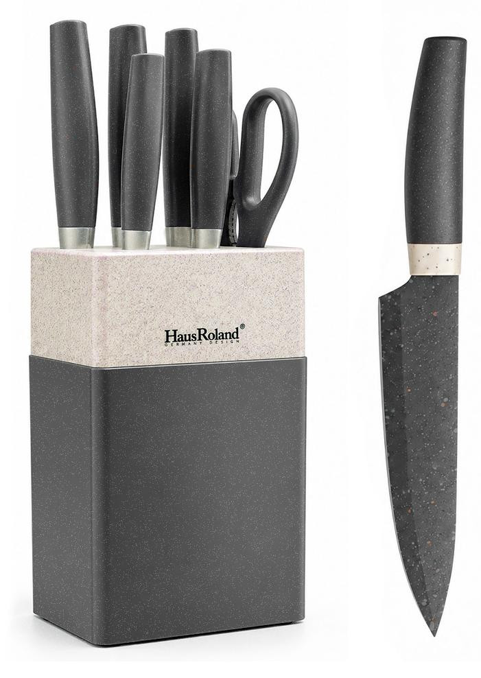 Haus Roland Keukenmessen set met standaard en slijper, 7 stuks, grijs