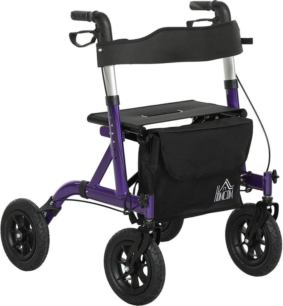 HOMCOM Rollator Walker with Seat, Backrest, Bag, All-terrain Wheels Purple 92.5cm H X 75cm W X 65.5cm D