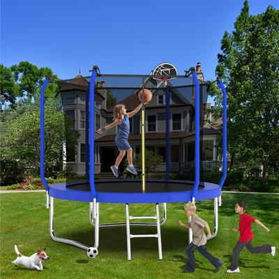 Staykiwi 8 ft. Round Outdoor Trampoline with Enclosure Net and Basketball Hoop