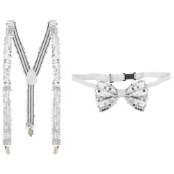 Set Hosenträger & Fliege "Pailletten", silber
