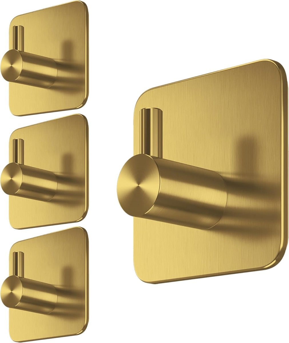 Set van 4 zelfklevende handdoekhouders van roestvrij staal zonder boren, goud