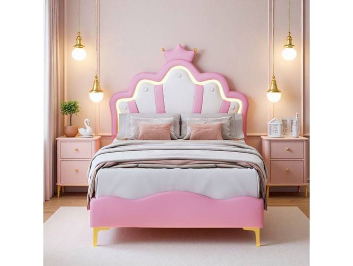 Lit Enfant Fille 90x200 - LED Couronne - Rembourré Anti-Choc - Design Contemporain - Rose