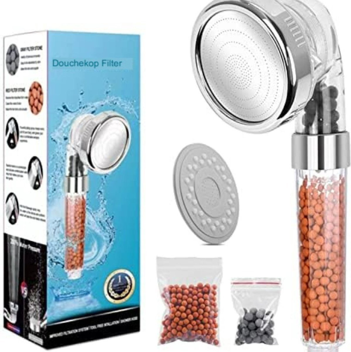 Markenlos Regenfilterdoucheset met massagefunctie en waterbesparing, Chroom/Zilver