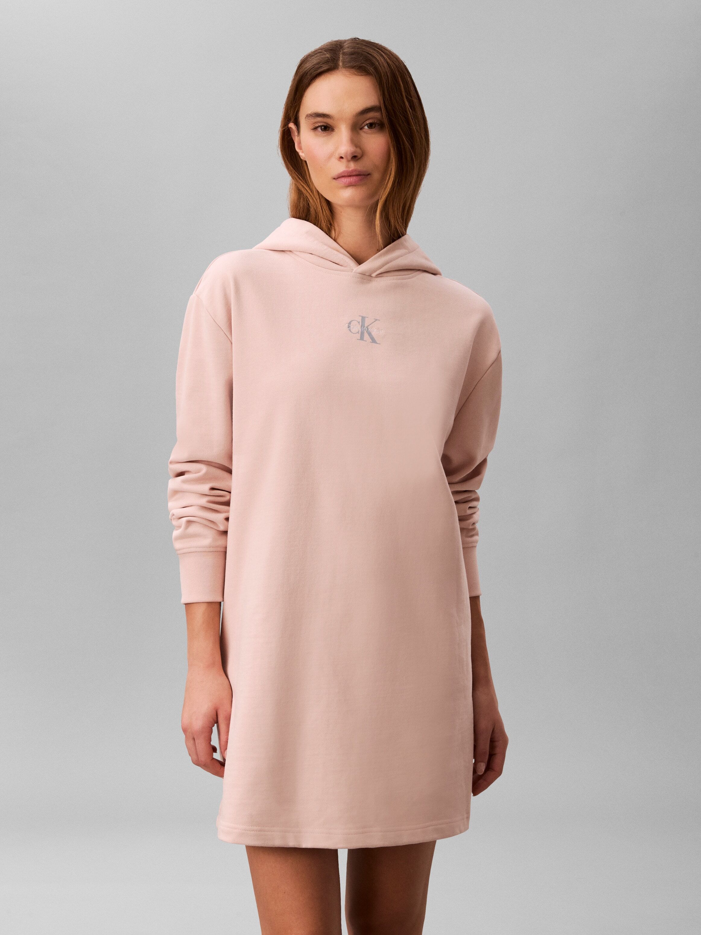 Sweatkleid CALVIN KLEIN "LS MONOLOGO PREMIUM TERRY HOODIE", Damen, Gr. XS (36), N-Gr, Langarm, Sweatware, rosa (buff beige), Sweatware, Obermaterial: 100% Baumwolle, klassisch kurz, Rundhals, eingesetzt angesetztes Bündchen, Kleider Sweatkleid, Mit Rundha