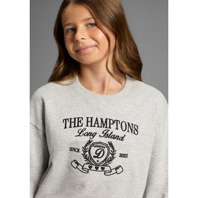 Sweatshirt KIDSWORLD "Sweatshirt mit hochwertiger Stickerei", Mädchen, Gr. 164/170, grau (hellgrau meliert), Sweatware, Obermaterial: 95% Baumwolle, 5% Viskose, bestickt, bequem hüftlang, Rundhals, Rippbündchen, Sweatshirts Sweatshirt, Mit großer...