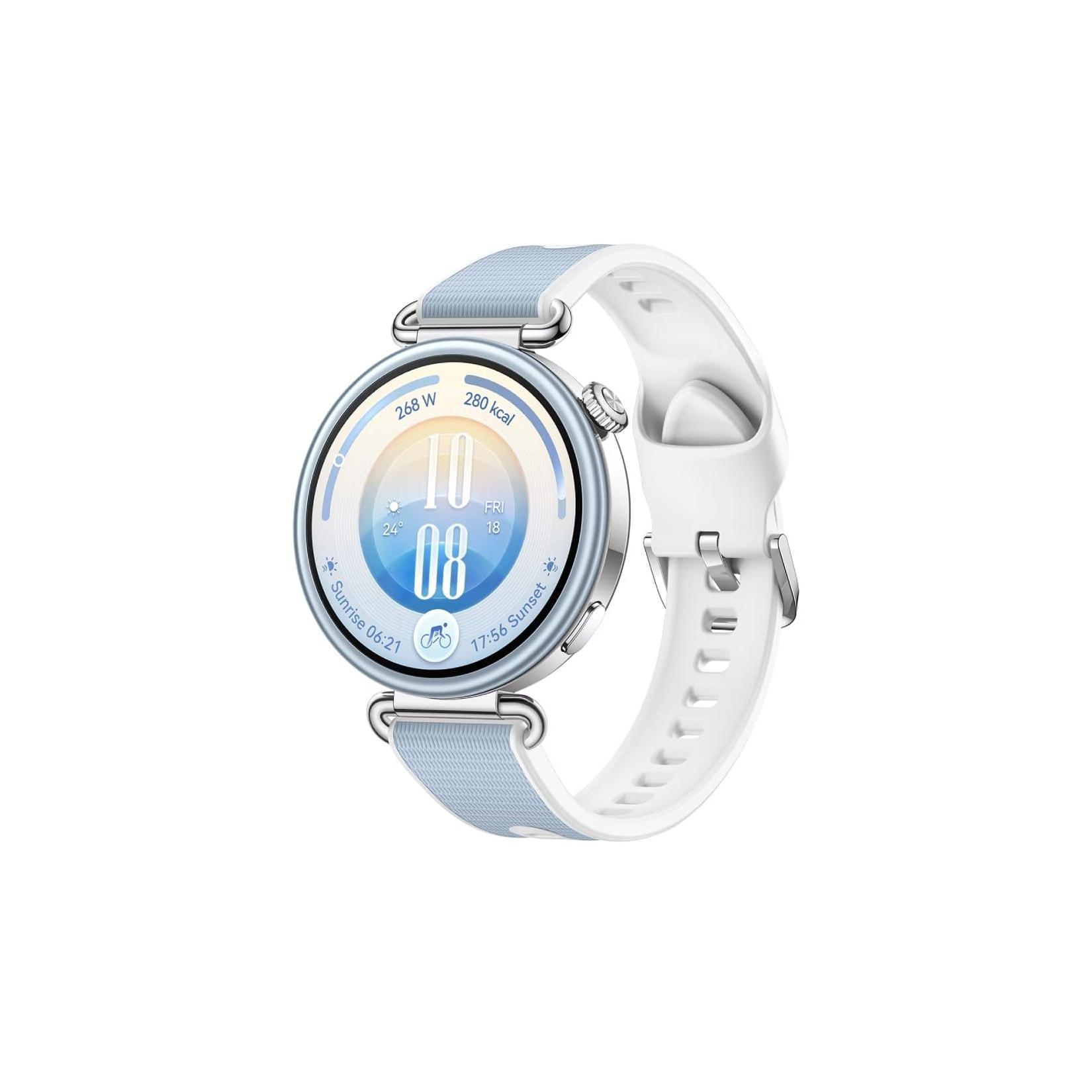 Huawei WATCH GT 7, 41mm, Edelstahlgehäuse + blau-weißes Fluorelastomer-Armband Smartwatch (Herzfrequenzmessung)