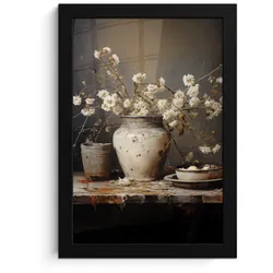 POSTER MIT RAHMEN Stilleben - Blumen - Blumenstrauß - Vase - Wein Poster 20x30 cm