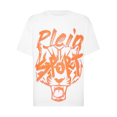 T-Shirt PLEIN SPORT "Rundhals-T-Shirt", Herren, Gr. XL, orange (0120, weiß, orange), Obermaterial: 100% Baumwolle, Shirts T-Shirt