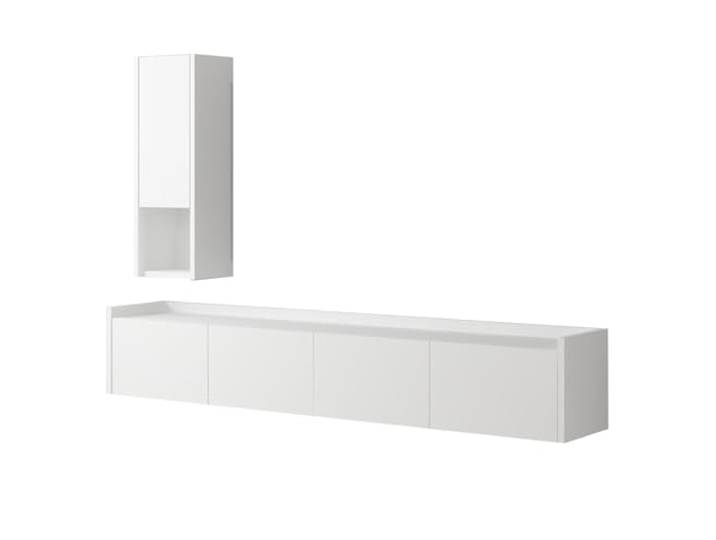 Moderner weißer TV-Ständer, 160 cm breit, 35 cm hoch, 29,6 cm tief 100% melaminbeschichtete Spanplatte, 18 mm stark Wandmontage möglich, skandinavisches Design