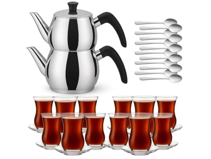 Caydanlik Teekanne Edelstahl 2-stöckig – Türkischer Teekocher induktionsgeeignet – mit Teegläsern oder nur Kanne Größe Kanne 2,7L, Farbe Glas-Set 12er