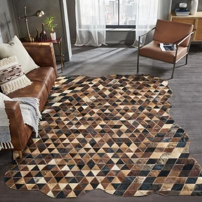 KALATY Pelle Leather Warm Browns/Black Mosaic Abstract-Edged Area Rug
