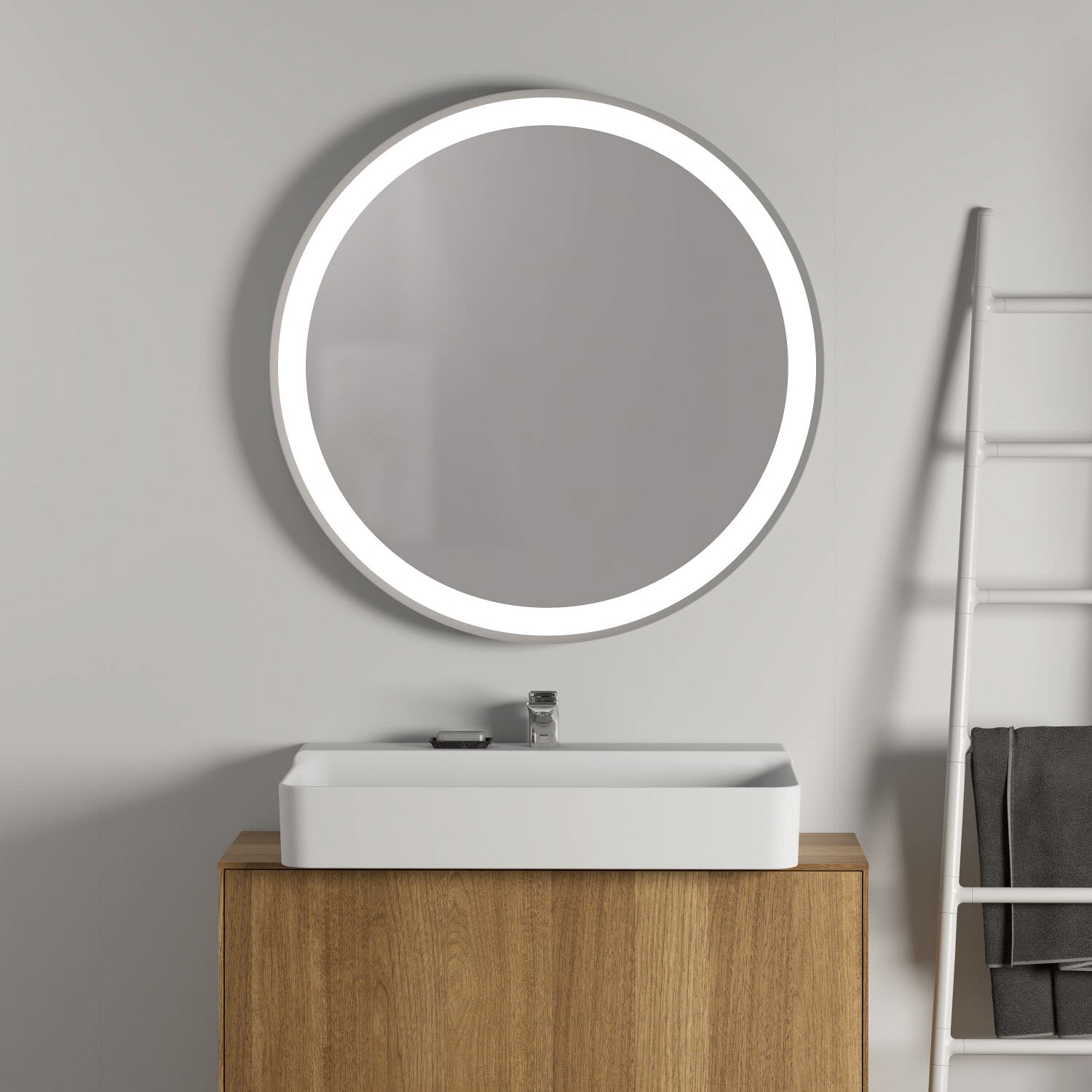 Ideal Standard Badspiegel rund 90 cm mit Ambientelicht und schwarzem Metallrahmen