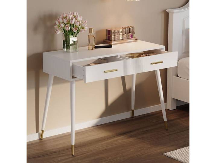 HOMVRA Coiffeuse 100x40x76 cm avec 2 tiroirs et poignées dorées en MDF blanc