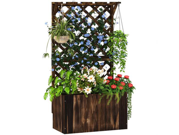 ComfortXL Hochbeet De-05393 Mit Rankgitter, verkohltes Holz Verkohlt, Naturfarben, 64x122x33 cm, Gartenzubehör, Hochbeete