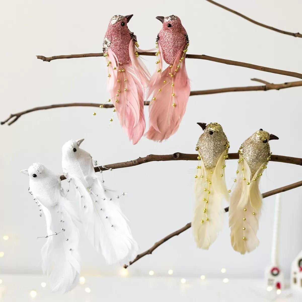 INF Ornements d'oiseaux en plumes dorées pour sapin de Noël - Décorations élégantes à clipser (paire)