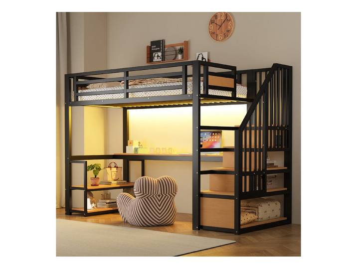 Flieks Hochbett Metallbett 90x200cm mit Stauraumtreppe, Regale und Schreibtisch