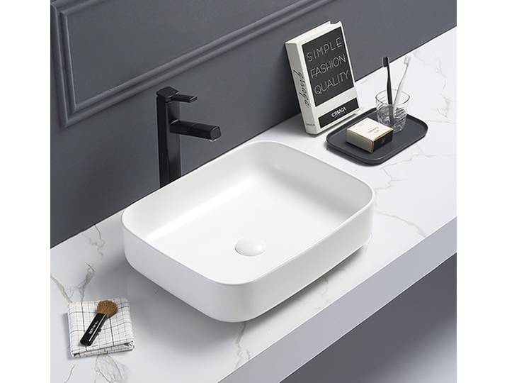 Set vasque à poser rectangulaire 50x39x13cm sans trop-plein + bonde à écoulement libre Infinitio blanc