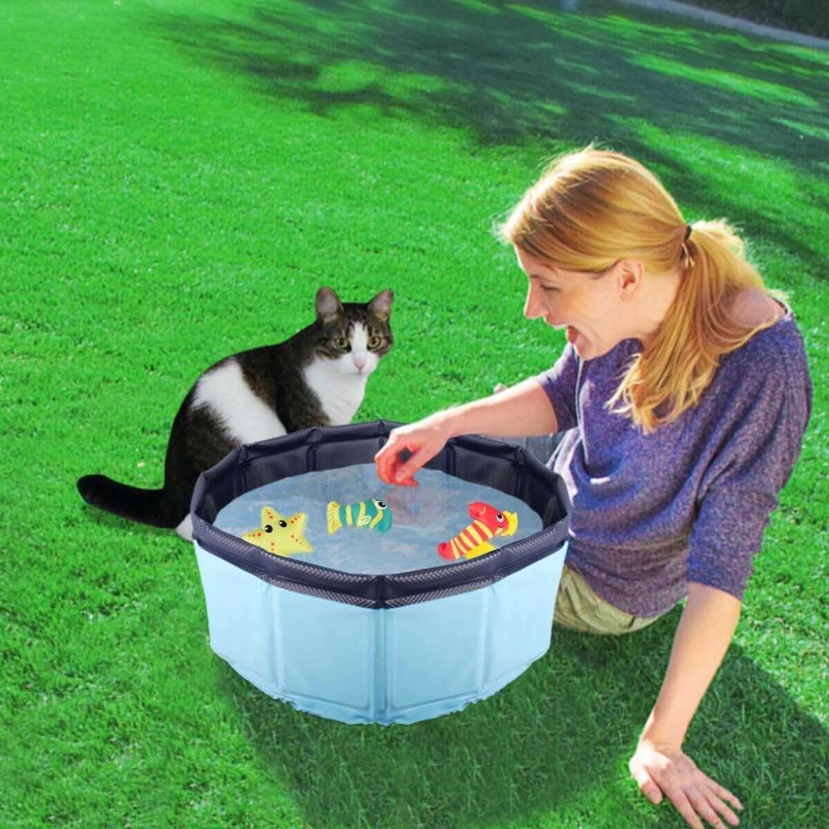 INF Faltbarer Katzenpool aus PVC – kompakte Katzenbadewanne in Blau zum Baden und Planschen