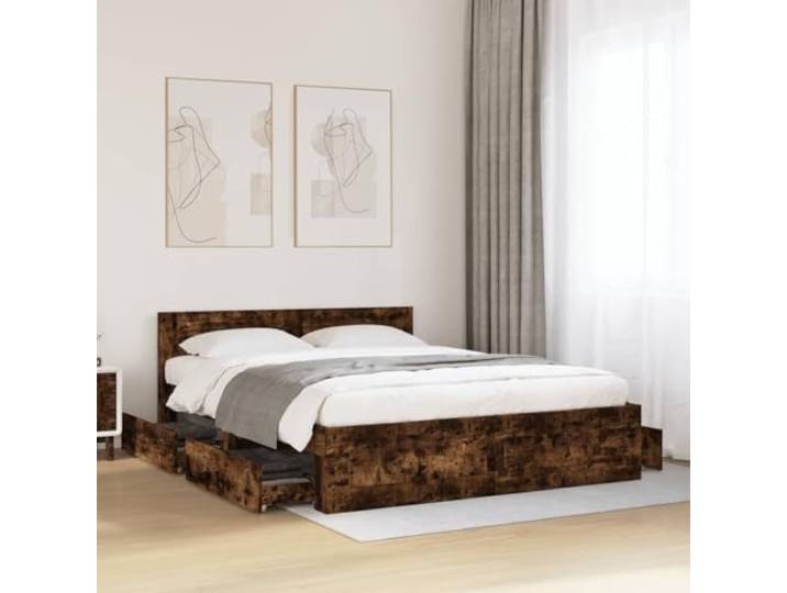 KGCRYUWED Bettgestell Räuchereiche 160x200 cm Lattenrost Schubladen Inklusive Lattenrost, Mit praktischem Stauraum, Robustes Holzwerkstoff-Design
