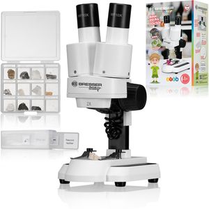 Bresser Mikroskop Junior Stereo, Durch- & Auflicht, für Kinder, mit 18-tlg. Mineralien & Präparaten, Vergrößerung 20x & 50x