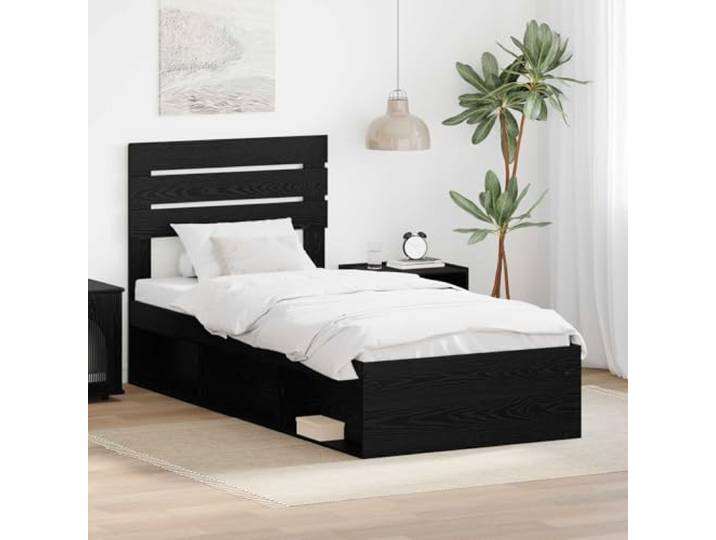 WDGJJFECNMUEHI Massives Kiefernholz Modernes Design 90 x 200 cm Schwarz Bettgestell Schwarz 90x200 cm Massives Kiefernholz mit Kopfteil & Lattenrost Stabil