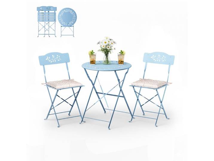 Ensemble de Bistrot en 3 pièces avec Coussins - VINGLI - Bleu Clair - Table & Chaise de Jardin Exterieur - Économes d'Espace