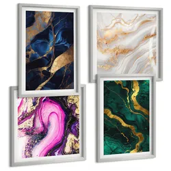 BILDER SET 4er Set - 50x50 cm & 40x60 cm Silberner Rahmen - Abstrakter Marmor mit Farben